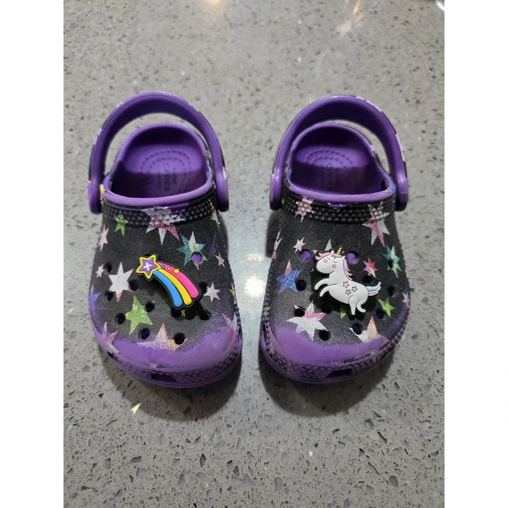 Crocs Toddler 6C Star Print Clogs Purple Waterproof Unicorn Rainbow‎ Jibbitz